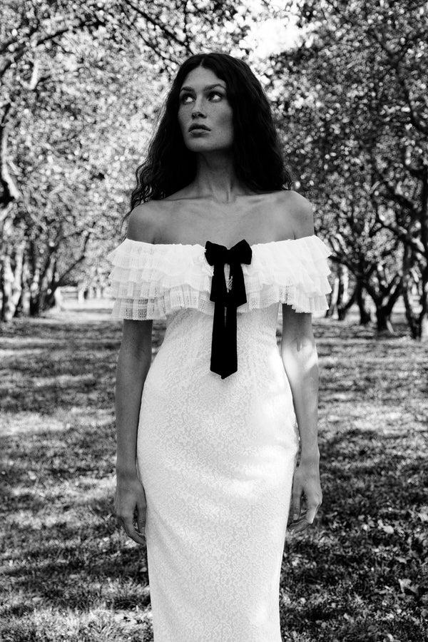 Rasario Lace Midi Dress With A Velvet Bow White 114DD002 – RASARIO