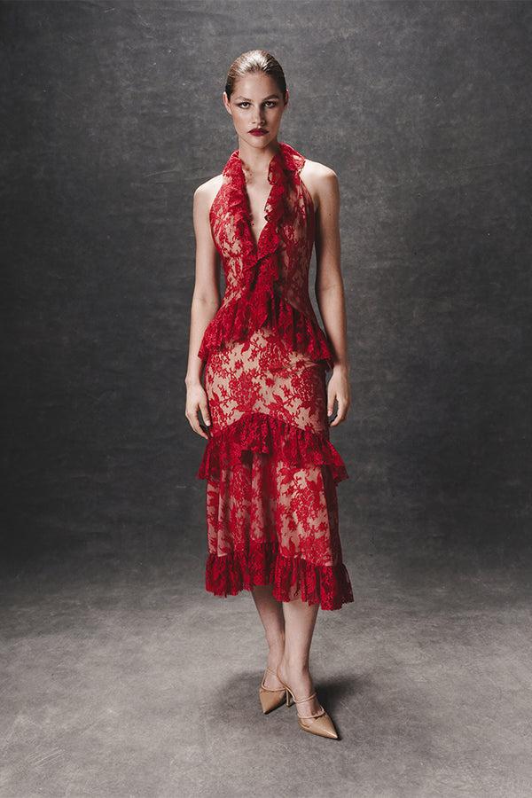 Rasario Lace Midi Dress With Ruffles Red 016DD003 – RASARIO