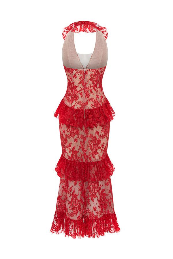 Rasario Lace Midi Dress With Ruffles Red 016DD003 – RASARIO