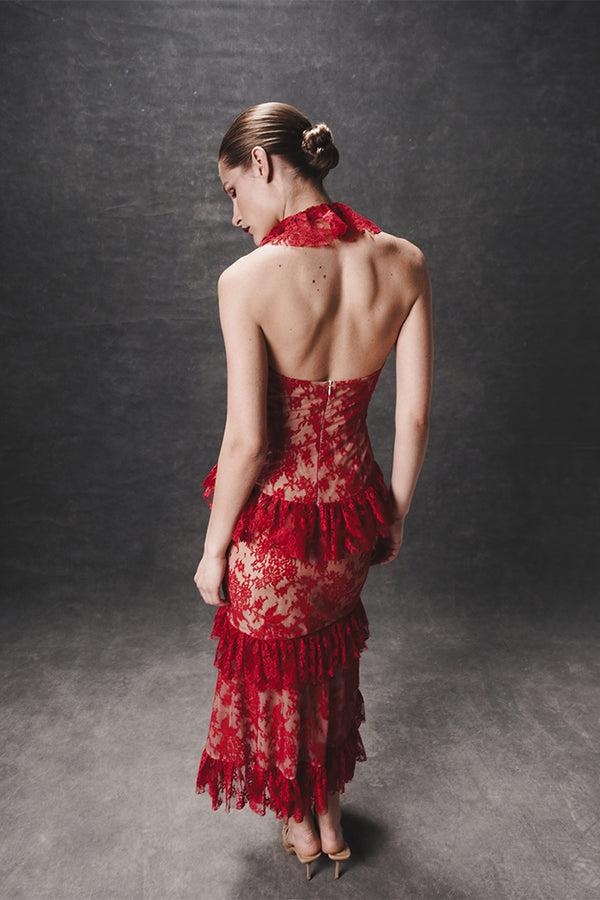 Rasario Lace Midi Dress With Ruffles Red 016DD003 – RASARIO