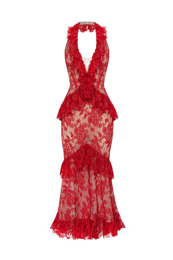 rasario Lace midi dress with ruffles red 016DD003 – RASARIO