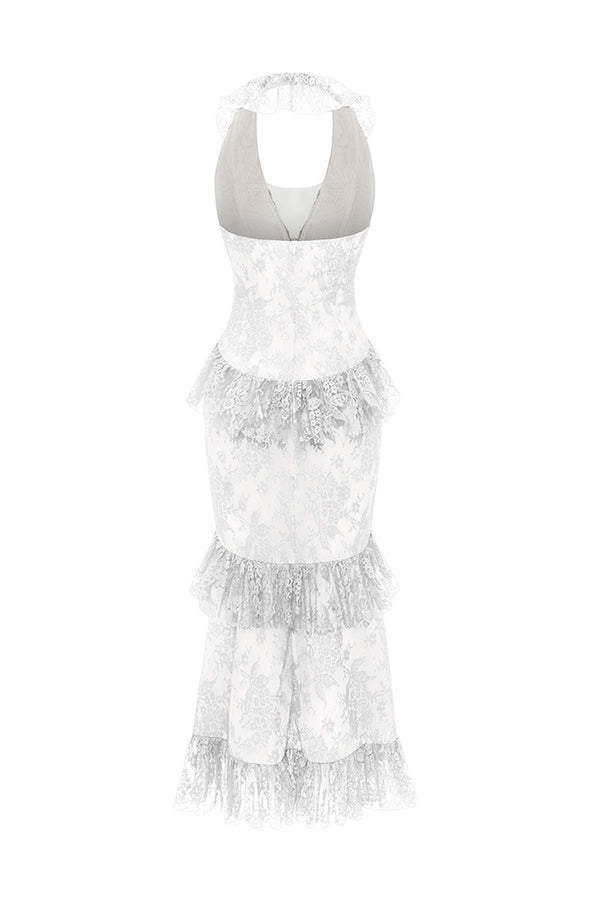 Rasario Lace Midi Dress With Ruffles White 016DD002 – RASARIO