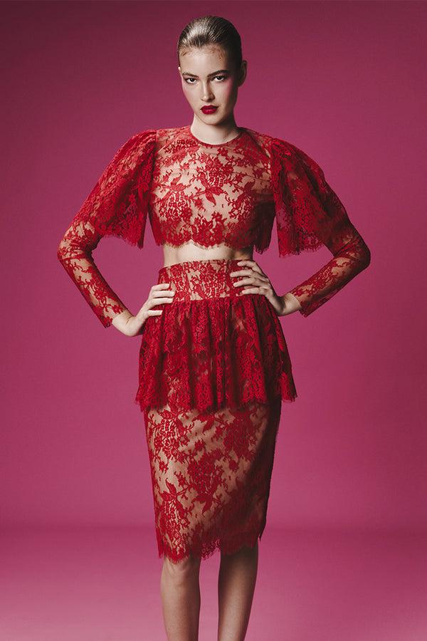 Rasario Lace Midi Skirt With Corset Belt Red 049SD003 – RASARIO