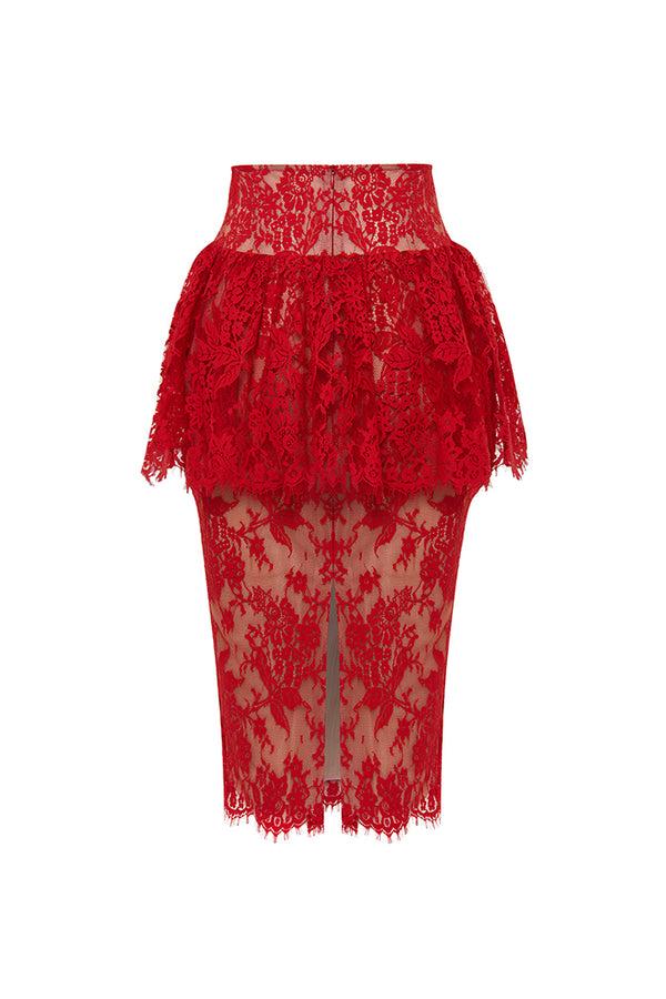Rasario Lace Midi Skirt With Corset Belt Red 049SD003 – RASARIO