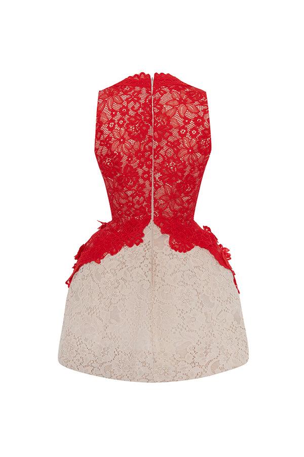Rasario Lace Mini Dress With Voluminous Skirt Red/ Beige 002DN093 – RASARIO