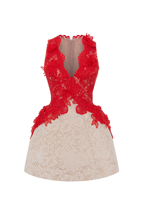 rasario Lace mini dress with voluminous skirt red/ beige 002DN093 – RASARIO