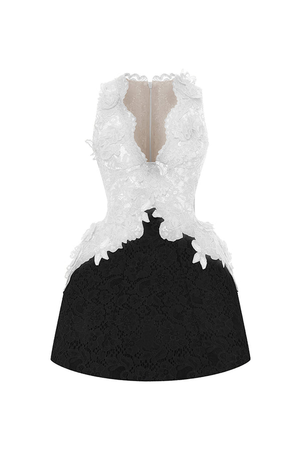 rasario Lace mini dress with voluminous skirt white/black 002DN021 – RASARIO