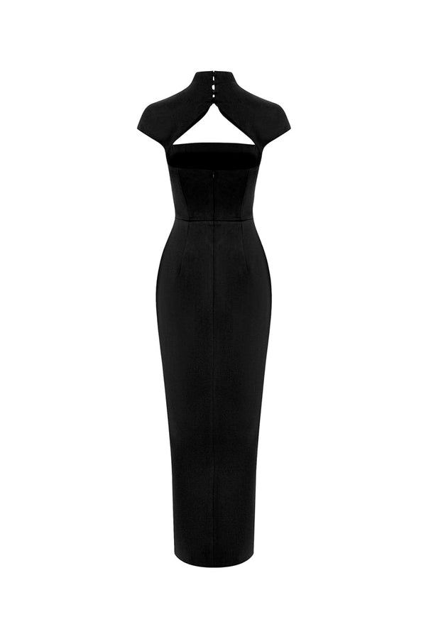 Rasario Long Midi Corset Satin Dress With A Side Slit Black S020M010 – RASARIO