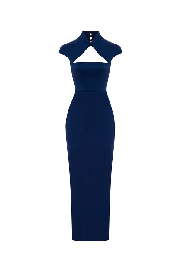 rasario Long midi corset satin dress with a side slit dark blue S020M170 – RASARIO