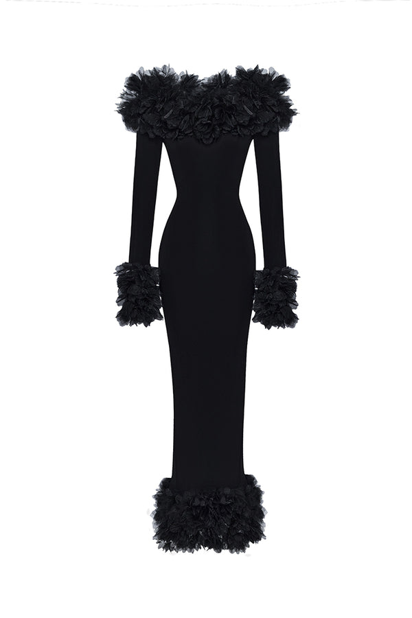 rasario Maxi dress in jersey with floral trim black 063DX001 – RASARIO