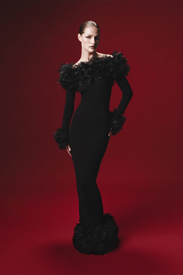 Rasario Maxi Dress In Jersey With Floral Trim White 063DX002 – RASARIO