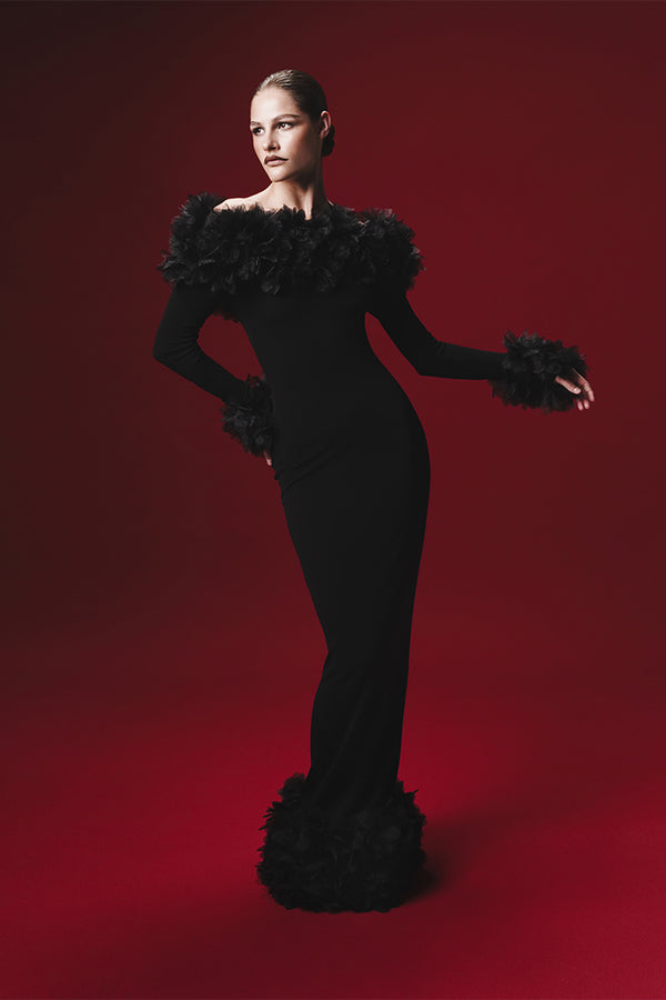 Rasario Maxi Dress In Jersey With Floral Trim White 063DX002 – RASARIO