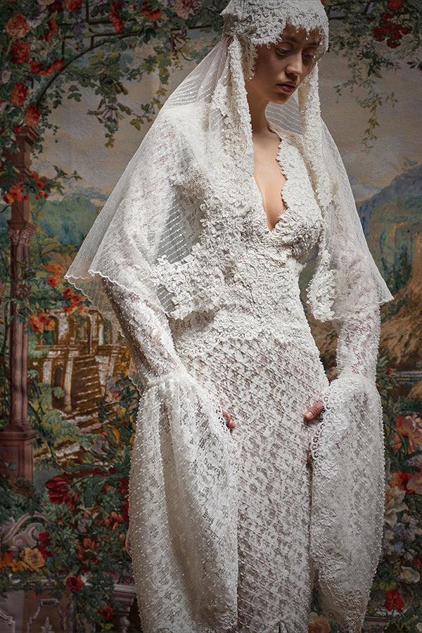 Rasario Maxi Dress With A Train And Corded Lace Inserts 007DG025 – RASARIO