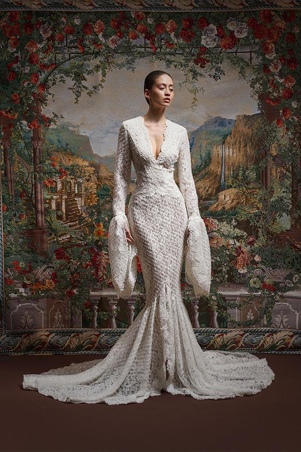 Rasario Maxi Dress With A Train And Corded Lace Inserts 007DG025 – RASARIO