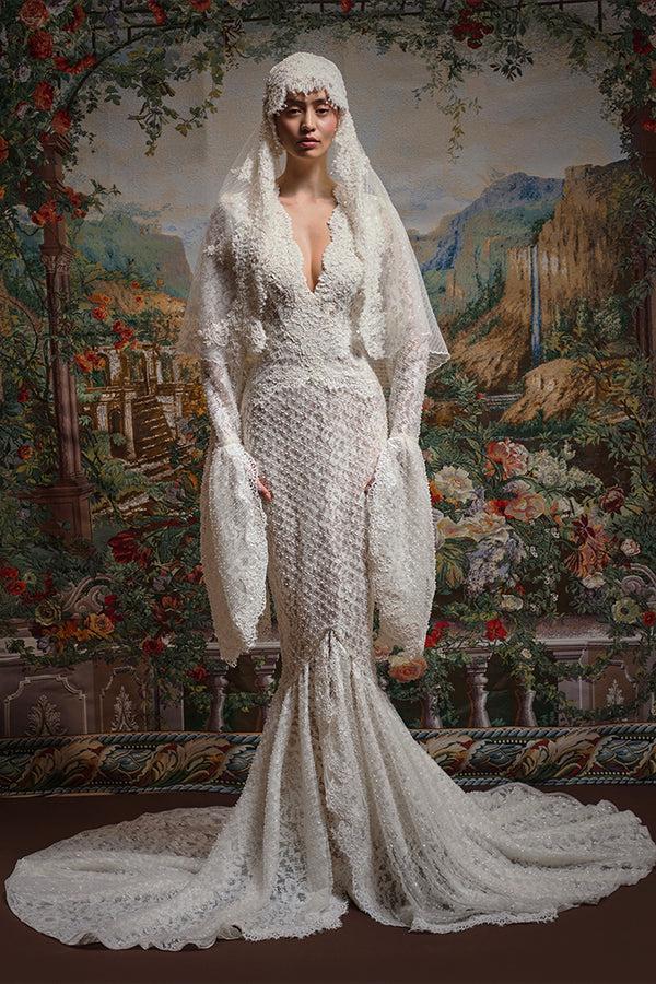 Rasario Maxi Dress With A Train And Corded Lace Inserts 007DG025 – RASARIO