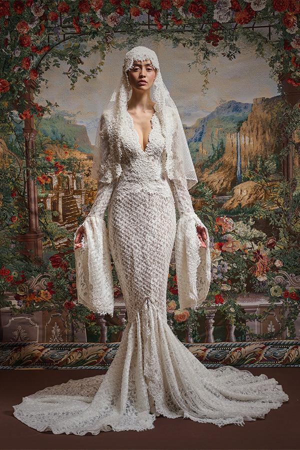 rasario Maxi dress with a train and corded lace inserts 007DG025 – RASARIO rasario Maxi dress with a train and corded lace inserts 007DG025 – RASARIO