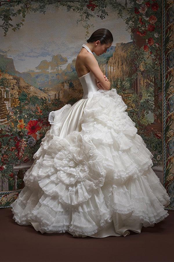 Rasario Maxi Dress With A Voluminous Skirt Embellished With Sequin And Lace Fl White 006DX002 – RASARIO