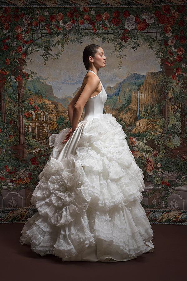 Rasario Maxi Dress With A Voluminous Skirt Embellished With Sequin And Lace Fl White 006DX002 – RASARIO