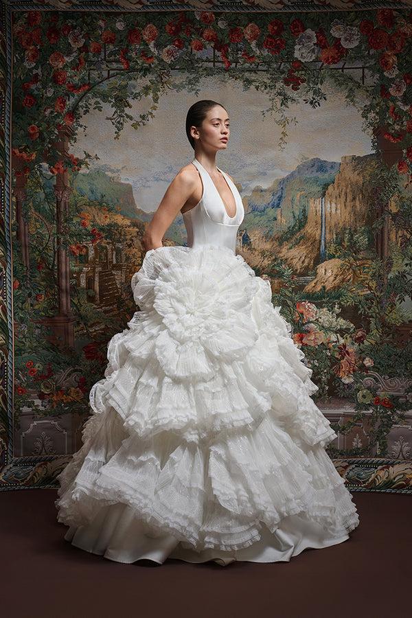 rasario Maxi dress with a voluminous skirt embellished with sequin and lace fl white 006DX002 – RASARIO