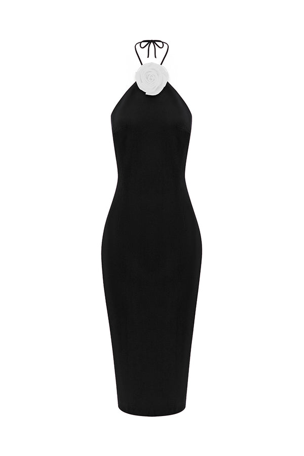 rasario Midi velvet dress with a flower black/white 073DD012 – RASARIO