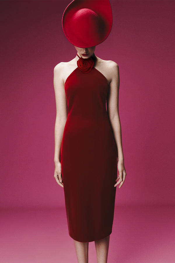 Rasario Midi Velvet Dress With A Flower Red 073DD003 – RASARIO