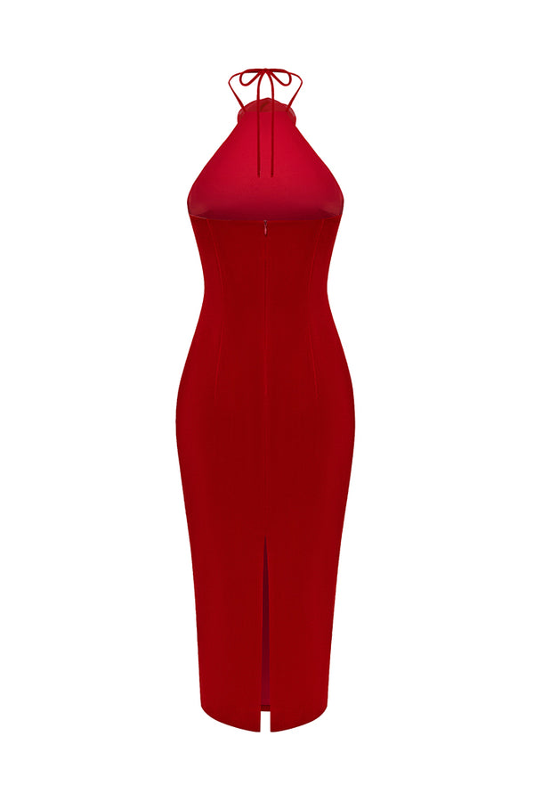 Rasario Midi Velvet Dress With A Flower Red 073DD003 – RASARIO