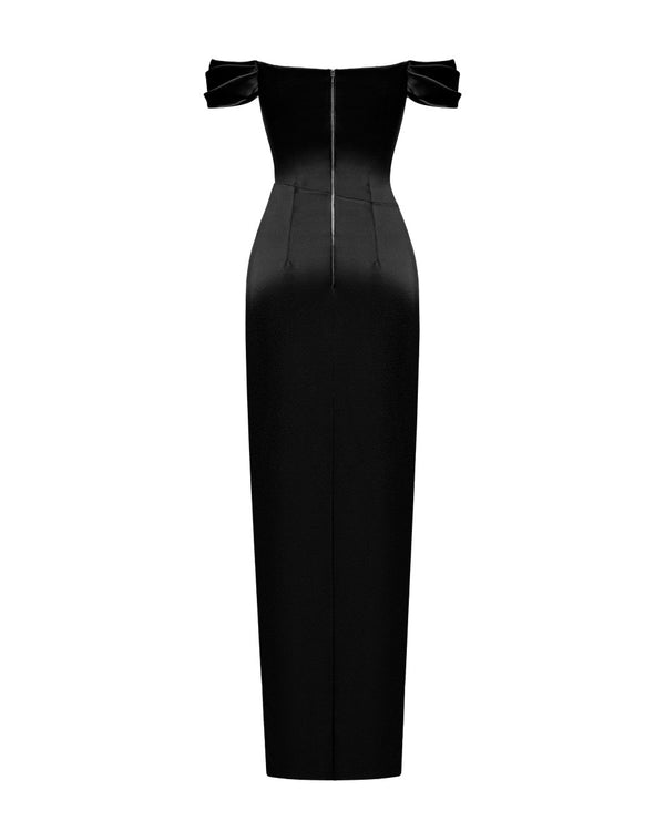 Rasario Off-the-shoulder Draped Corset Satin Gown Black F024X010 – RASARIO