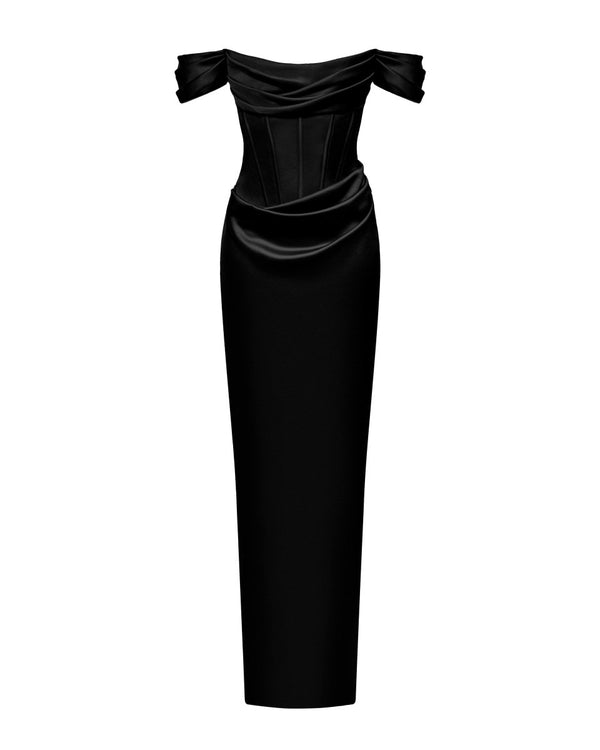 rasario Off-the-shoulder draped corset satin gown black F024X010 – RASARIO