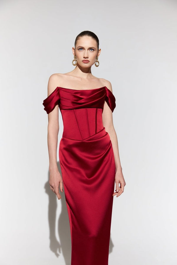 Rasario Off-the-shoulder Draped Corset Satin Gown Burgundy F024X130 – RASARIO