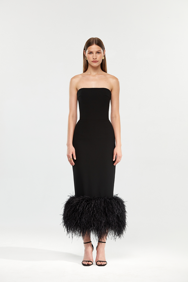 Rasario Сorset Crepe Long Midi Dress With Fringe Black F059M010 – RASARIO