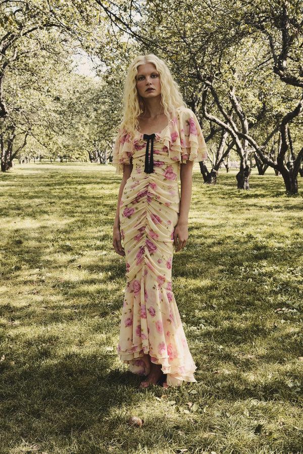 Rasario Printed Chiffon Maxi Dress With A Velvet Bow Black/white 098DX012 – RASARIO