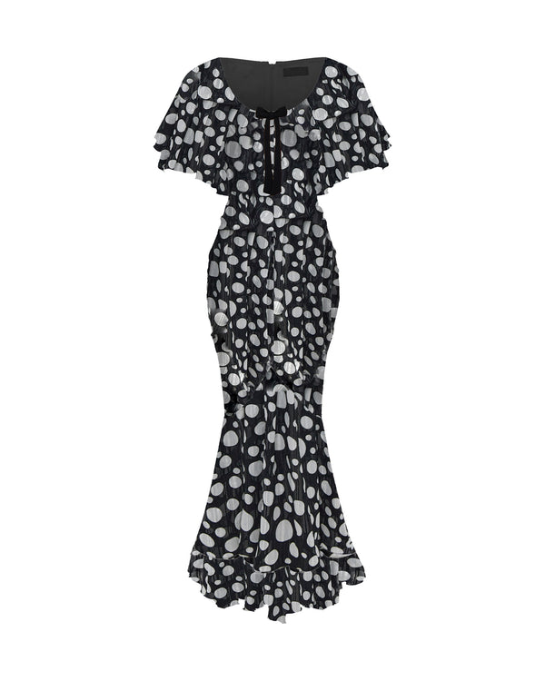 rasario Printed chiffon maxi dress with a velvet bow black/white 098DX012 – RASARIO