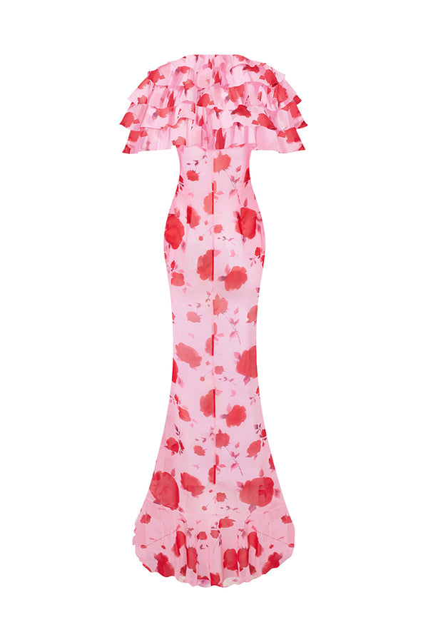 Rasario Printed Chiffon Maxi Dress With Ruffles And Flounces Pink 050DX009 – RASARIO