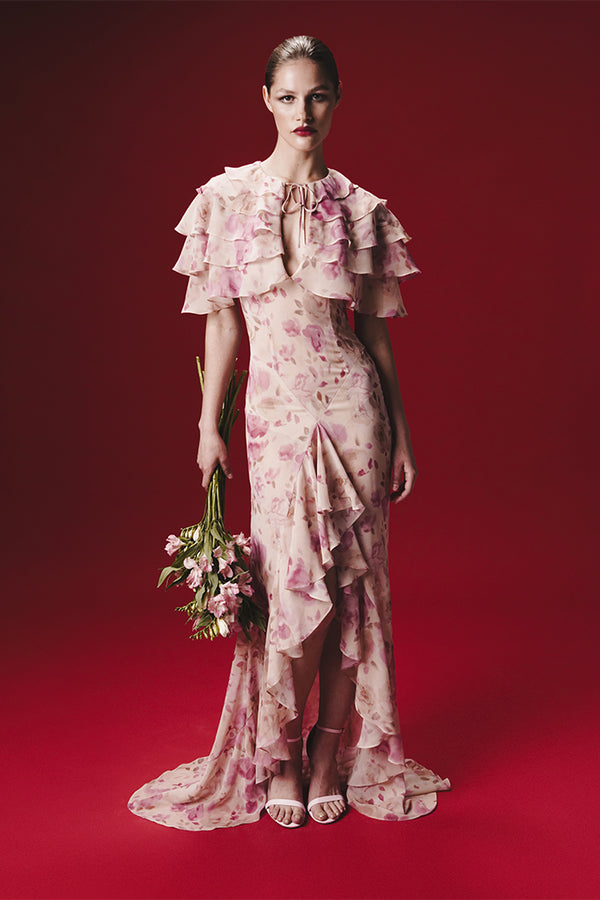 Rasario Printed Chiffon Maxi Dress With Ruffles And Flounces Powder 050DX010 – RASARIO