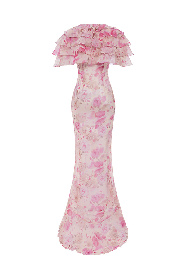 Rasario Printed Chiffon Maxi Dress With Ruffles And Flounces Powder 050DX010 – RASARIO