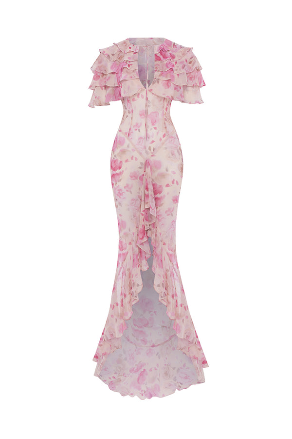 rasario Printed chiffon maxi dress with ruffles and flounces powder 050DX010 – RASARIO