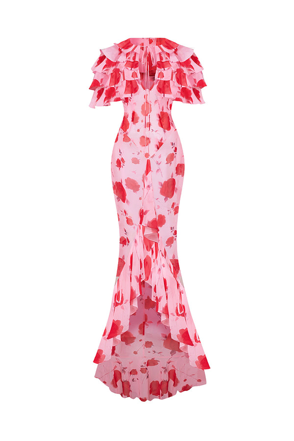 rasario Printed chiffon maxi dress with ruffles and flounces pink 050DX009 – RASARIO