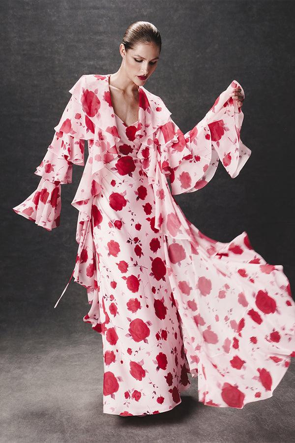 Rasario Printed Chiffon Maxi Gown With Flounces And Ties Pink 051DX009 – RASARIO