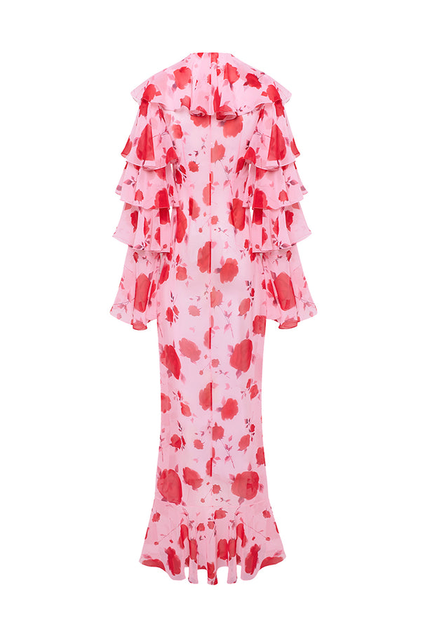 Rasario Printed Chiffon Maxi Gown With Flounces And Ties Pink 051DX009 – RASARIO