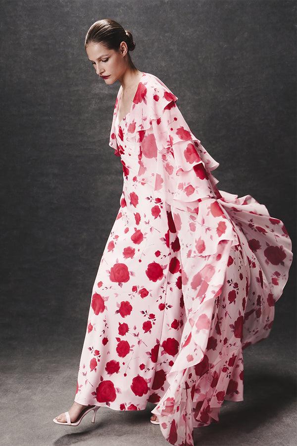 Rasario Printed Chiffon Maxi Gown With Flounces And Ties Pink 051DX009 – RASARIO