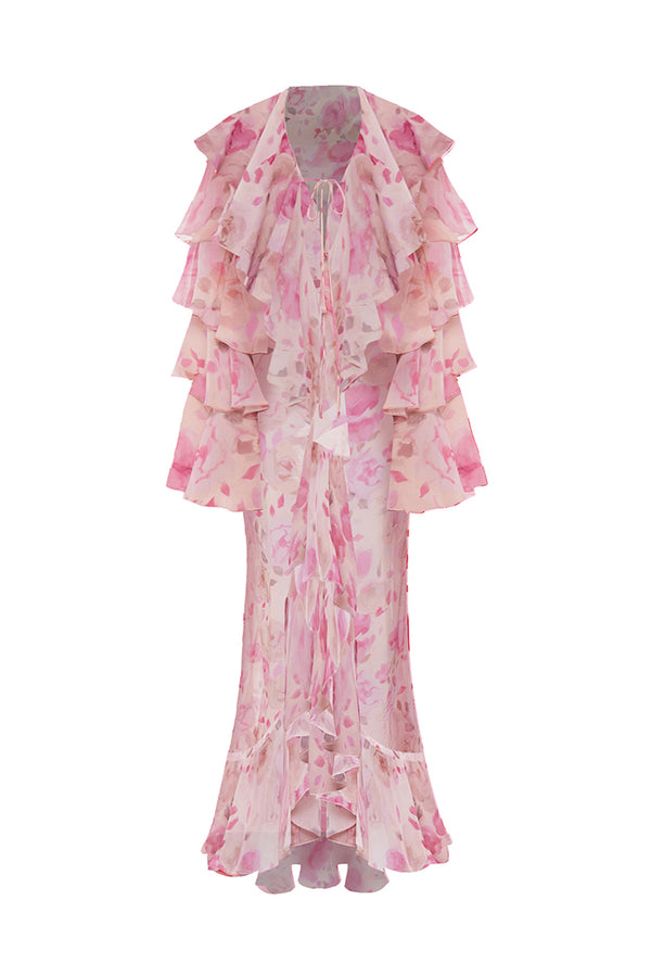 rasario Printed chiffon maxi gown with flounces and ties powder 051DX010 – RASARIO