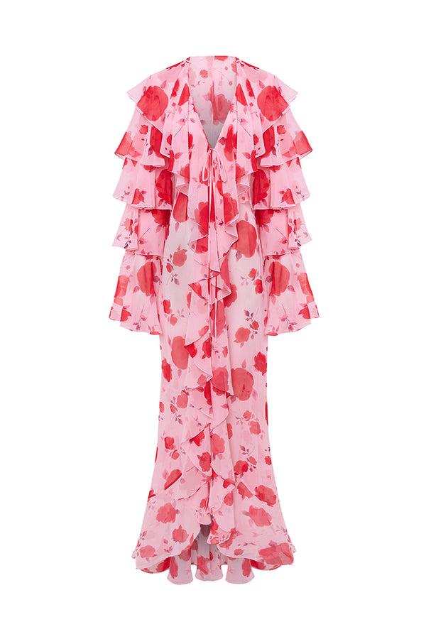 rasario Printed chiffon maxi gown with flounces and ties pink 051DX009 – RASARIO