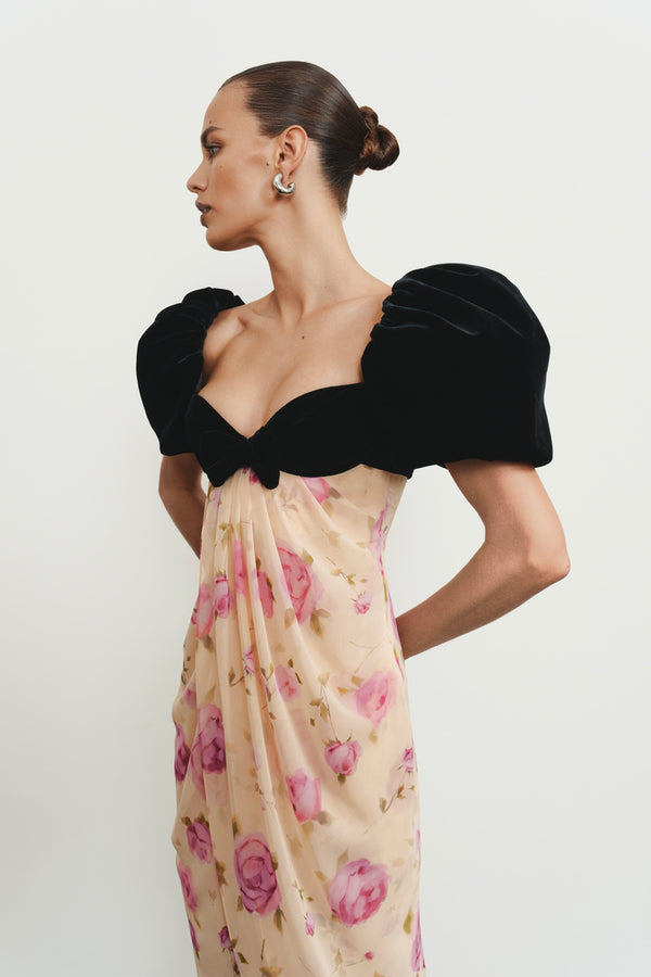 Rasario Printed Chiffon Midi Dress With Puff Sleeves Black 089DD001 – RASARIO