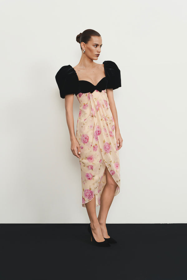 Rasario Printed Chiffon Midi Dress With Puff Sleeves Yellow/black 089DD051 – RASARIO