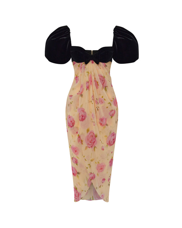 rasario Printed chiffon midi dress with puff sleeves yellow/black 089DD051 – RASARIO