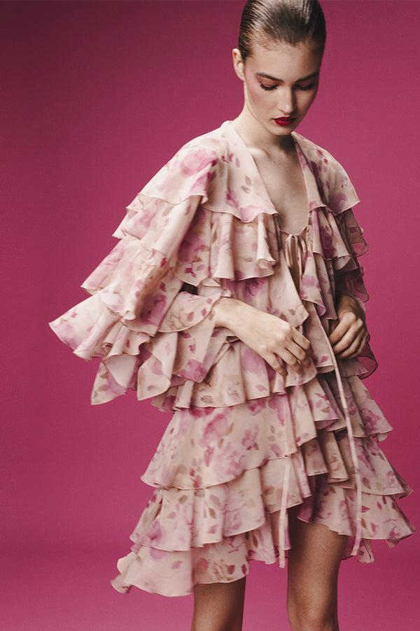 Rasario Printed Chiffon Mini Dress With Flounces Powder 046DN010 – RASARIO