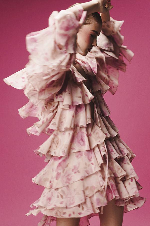 Rasario Printed Chiffon Mini Dress With Flounces Powder 046DN010 – RASARIO