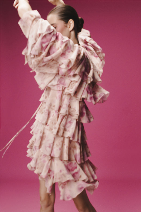 Rasario Printed Chiffon Mini Dress With Flounces Powder 046DN010 – RASARIO