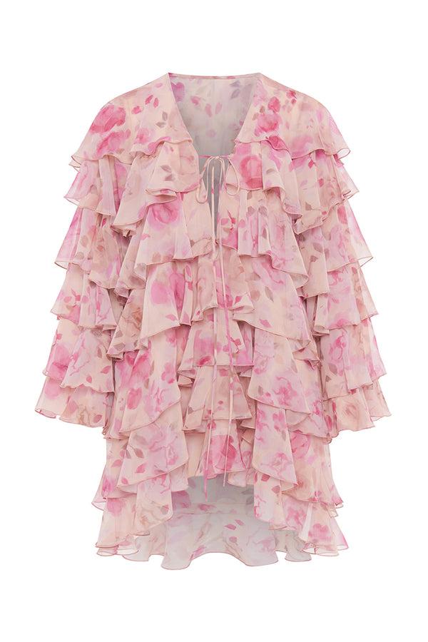 rasario Printed chiffon mini dress with flounces powder 046DN010 – RASARIO