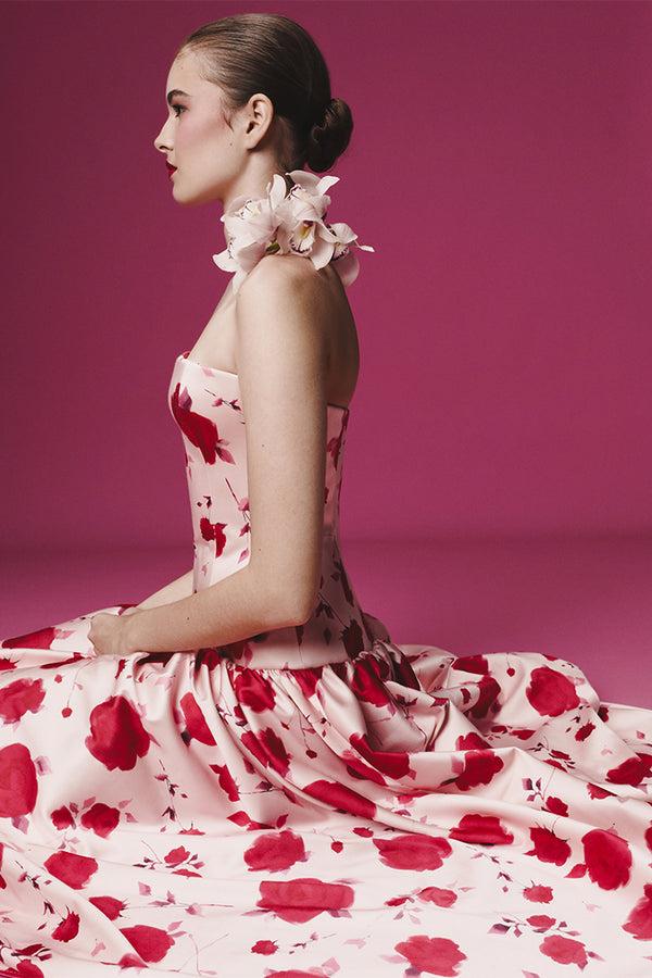 Rasario Printed Midi Dress With Volumenous Skirt Pink 054DD009 – RASARIO